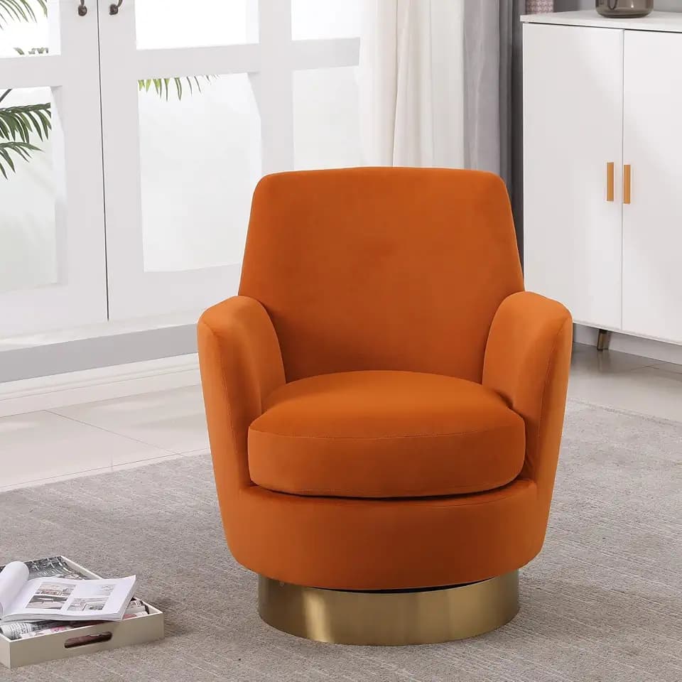 KEIKI Velvet 360° Swivel Barrel Chair with Stainless Steel Base, Accent Round Single-seat Upholstered Reading Sofa Armchair for Nursery, Reading, Living Room, Bedroom, Lounge, Hotel, Orange Velvet