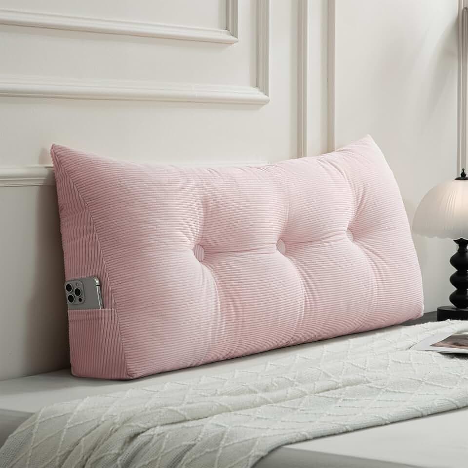 Gnostik Triangular Headboard Pillow Twin XL Dorm Bed Wedge Pillow for Headboard Gap 39.4"x15.7"x7.5" Long Back Bolster Daybed Cushion with Side Pockets for Sitting in Bed, Pink