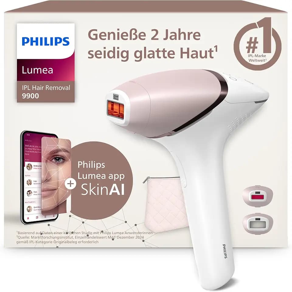 Philips Lumea IPL 9900 Series - IPL Geräte Haarentfernung für bis zu 2 Jahre seidig-glatte Haut¹ mit 2 Aufsätzen für Körper & Gesicht, kabellos, Alternative zur Laser-Haarentfernung (BRI950/02)
