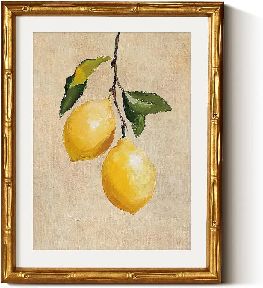 VIYYIEA Gold Bamboo Framed Vintage Lemon Wall Art Botanical Artwork 11x14In