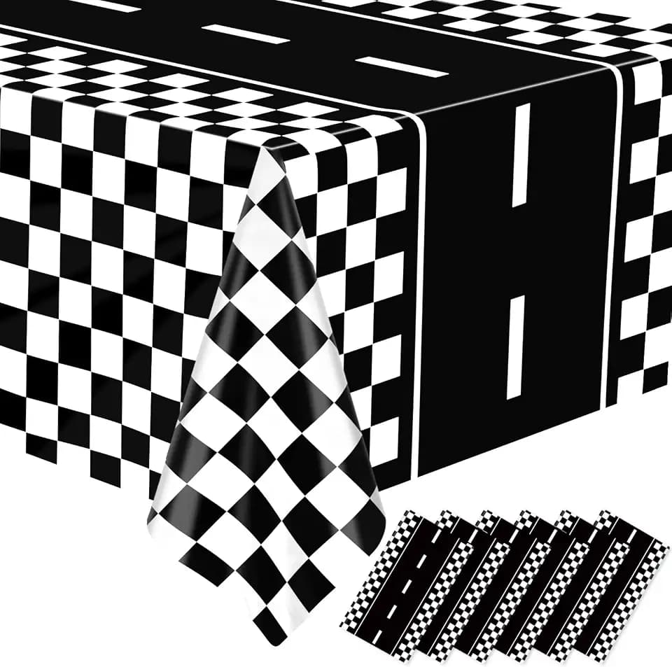 WNINK 6 Pack Race Car Table Cloth Black and White Gingham Tablecloths Disposable Plastic Buffalo Check Tablecloth Checkered Flag Covers for Birthday, Outdoor Picnic, Birthday, Camping 54 × 108 Inch