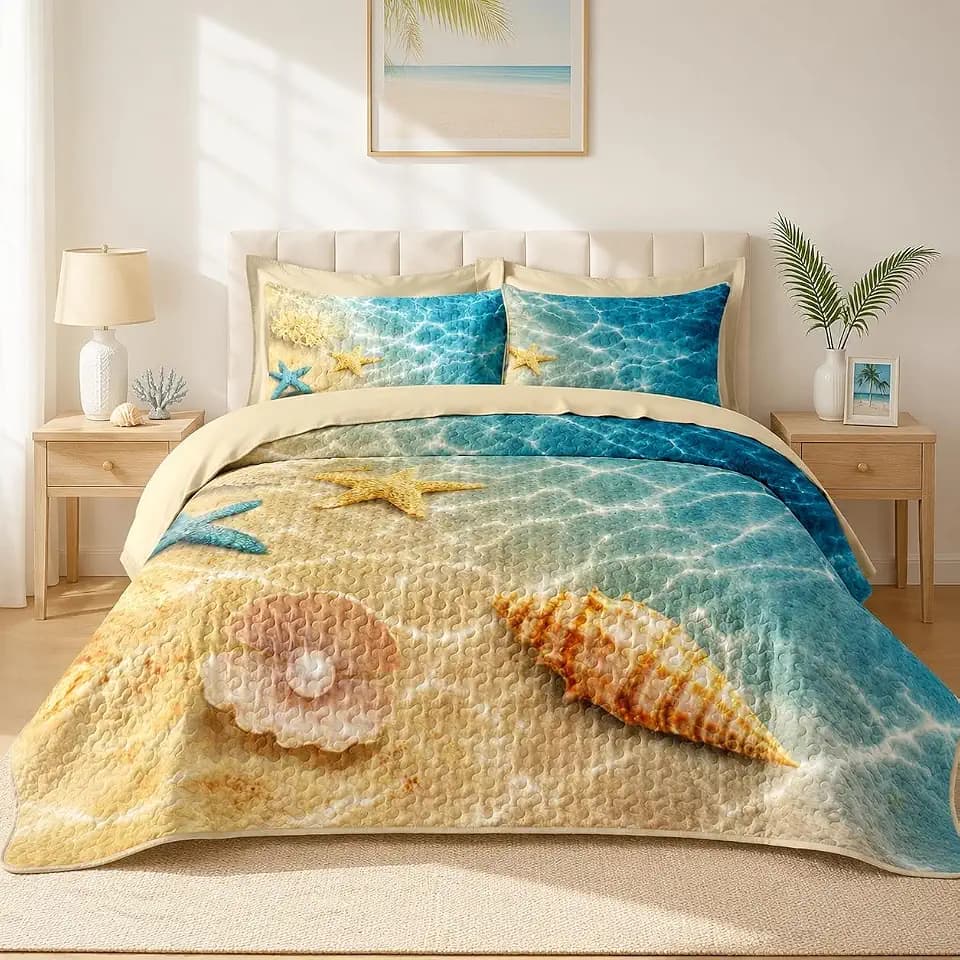 Pamnest Queen Quilt Set, 7 Pieces Beach Ocean Bedding, Bedspread