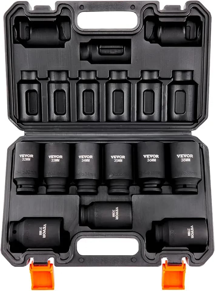 VEVOR 1/2" Drive Impact Socket Set, 9 Piece Deep Socket Set Metric 29-38mm, 6 Point Cr-Mo Spindle Axle Nut Impact Socket Set for Auto Repair,Easy-to- Read Size Markings, Includes Storage Case