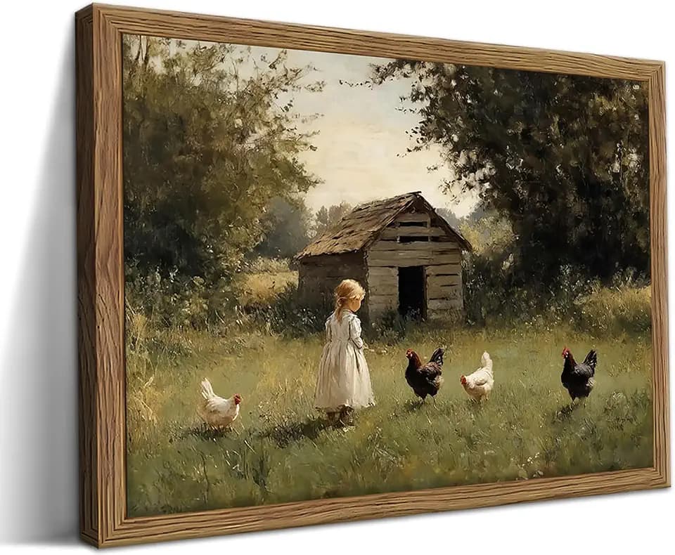 Vintage Country Framed Wall Art, Little Girl and Chick Canvas Prints, Rustic Landscape Picture Painting, Pastoral Farmhouse Wall Decor for Living Room Bedroom – Dark Wooden Frame 16x24in