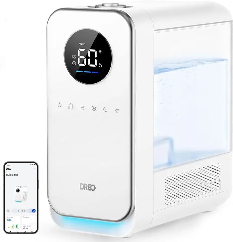 DREO Humidifiers for Bedroom, Top-filled Smart Quiet Cool Mist Humidifier for Large Room Home, Oil Diffuser & Nightlight, 50Hours Runtime for Indoor Plants, with Alexa/Google, White