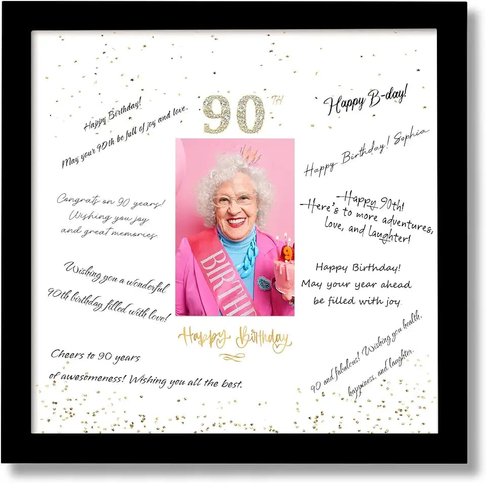13x13 Birthday Signature Frame with Plexiglass Cover - Holds 4x6 Photos, 90th Birthday Decorations, Alternative Guest Book Gifts for Men & Women, 90th Party Favors, Wall Display & Supplies, Black