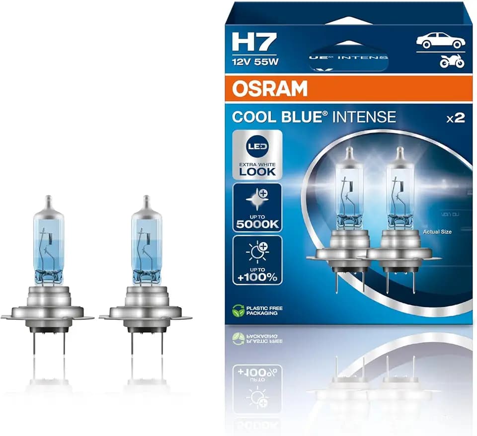 Osram Cool Blue Intense H7, Auto/LKW, +100% More Brightness, up to 5,000K, Halogen Headlight Lamp, LED Look (2 Lamps)