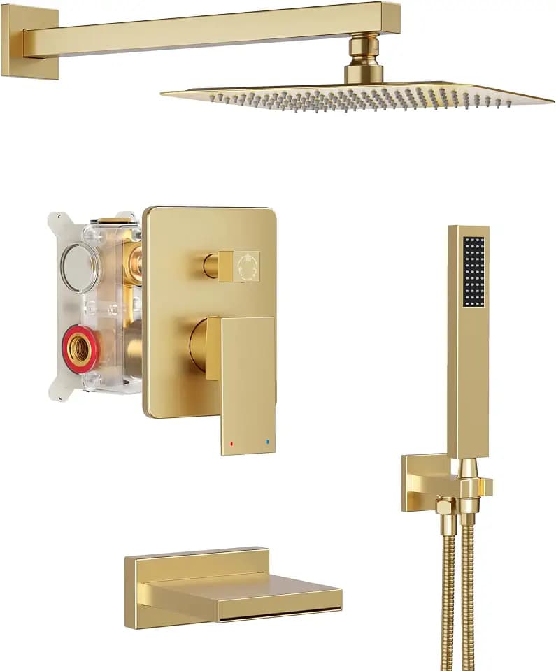 Gold Tub Shower System with 12" Rain Head, Handheld & Valve Kit