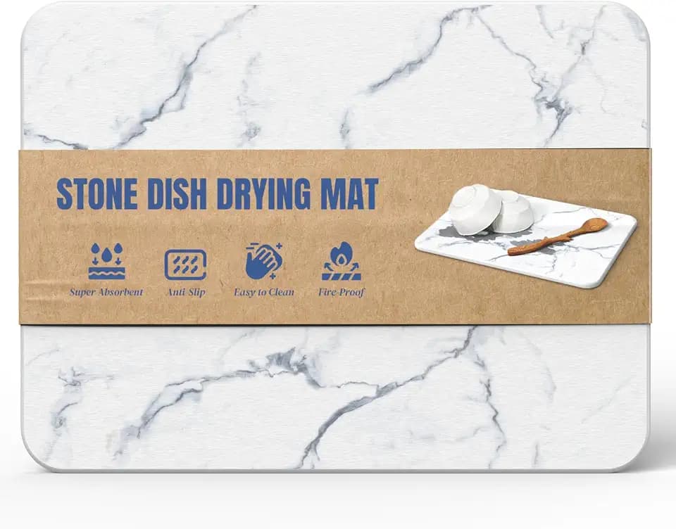 Stone Dish Drying Mat for Kitchen Counter, 15.7 x 11.8 in Absorbent Diatomaceous Earth Drying Board with Silicone Feet and Sanding Tool, White-Marble