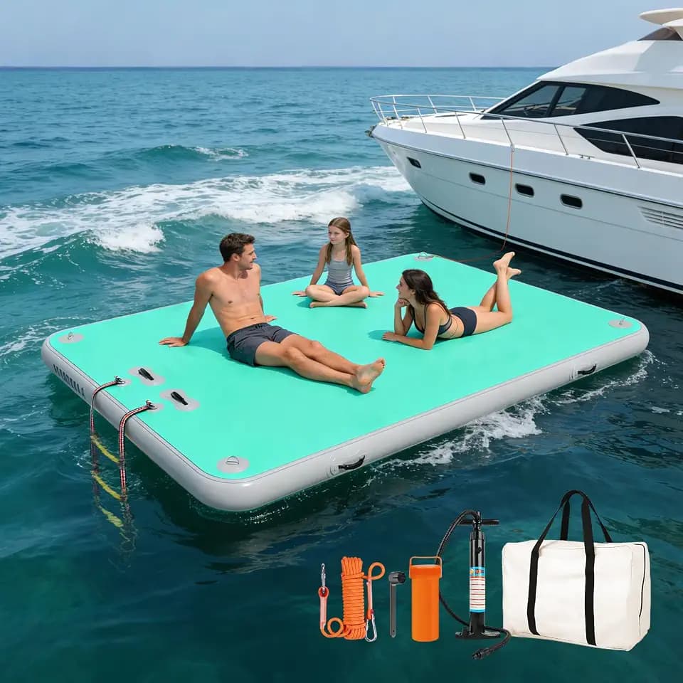 Inflatable Floating Dock, Water Island Float Raft Mat with Non-Slip Surface, 5FT/8FT/10FT Air Deck Platform, 6 Inch Thick for Pool, Lake, River, Beach, Ocean