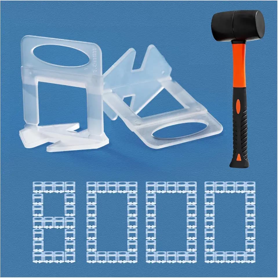 Tile Leveling System 1/16" Spacers Tile Leveler Clips DIY Tile Leveler Spacers 8000 Pcs and Tools Harden Rubber Mallet Hammer 16 oz for Professional Ceramic Tile and Stone Installation