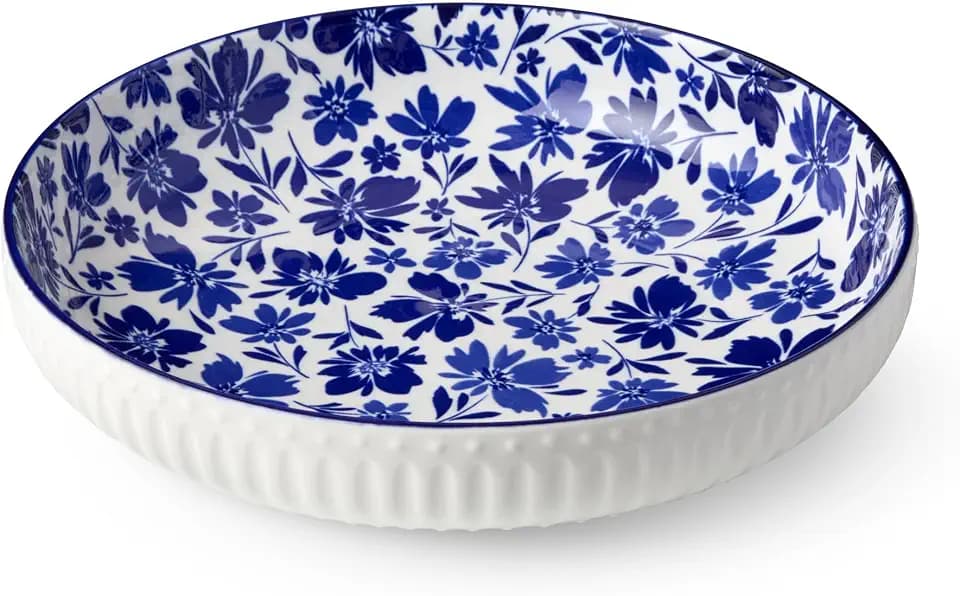 Madison Serving Bowl - 12 Inches, 108 oz, Premium Porcelain, Ribbed Exterior, and Stunning Blue and White Design - Perfect for salads, pastas, and more