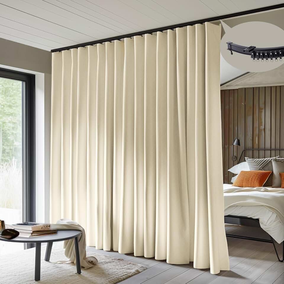 MaKefeile Room Divider Curtains with Flexible Ceiling Tracks Set(Beige Drape & Black Rail W 8.3 × H 7 FT)