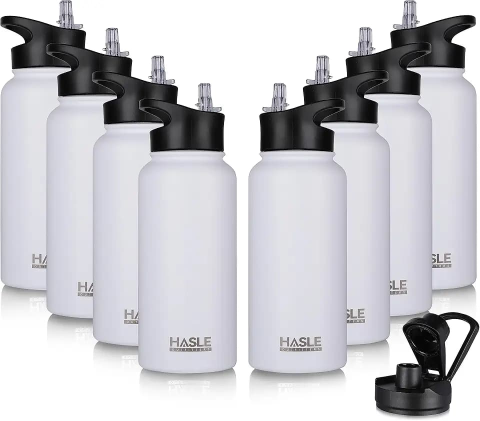 HASLE OUTFITTERS 32 oz Insulated Water Bottle Stainless Steel Double Walled Vacuum Sports Water Bottle with 2 Lids (Straw and Spout Lid) for Gym Camping Hiking(White,8)