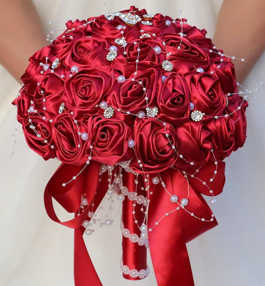 Bridal Wedding Bouquet Round Bling Brooch Bouquet Throw Toss Artificial Rose Flower Bunch for Bride Bridesmaid Wedding Quinceanera(Ruby Red, 7.5")