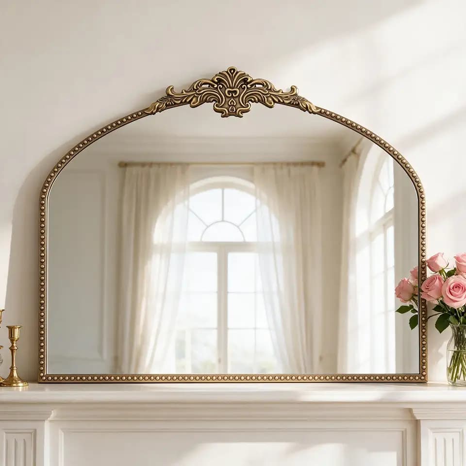 Baroque Arched Antique Bronze Wall Mirror, 28"x36" Large Fireplace Mirror