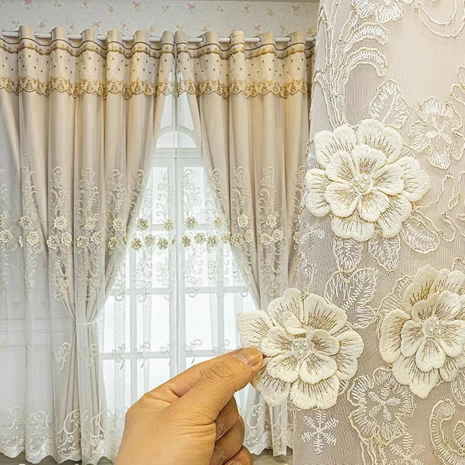 Amidoudou 1 Pair European Double Layer Curtains with Valance for Living Room 3D Flower Luxury Embroidered Curtains for Bedroom (Beige,63x90 Inch)