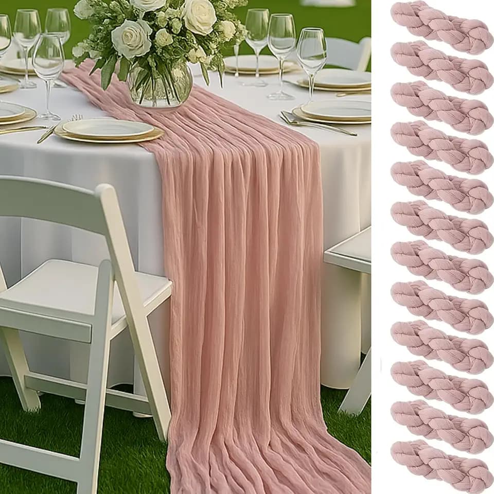 12 Pack Dusty Pink Cheesecloth Table Runners – 10FT Blush Gauze Boho Table Decor Set for Bridal Shower, Mother’s Day Brunch, Baby Girl Party, or Romantic Wedding Reception