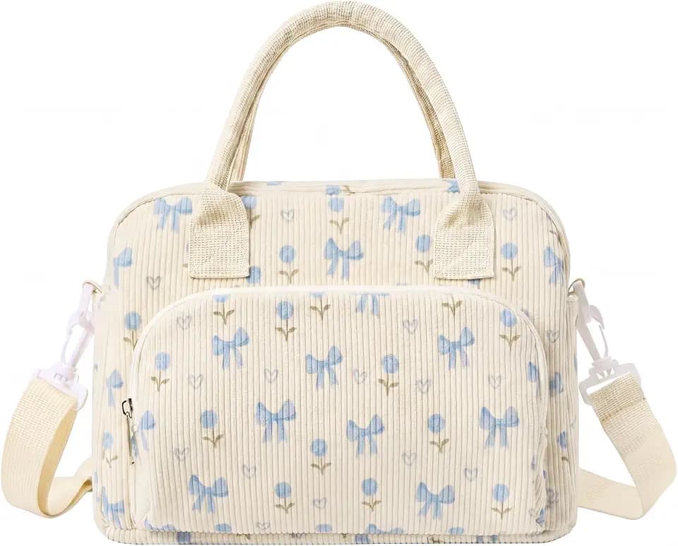 Dansydaisy Blue Bow Flower Lunch Bag, Corduroy Lunch Box with Strap