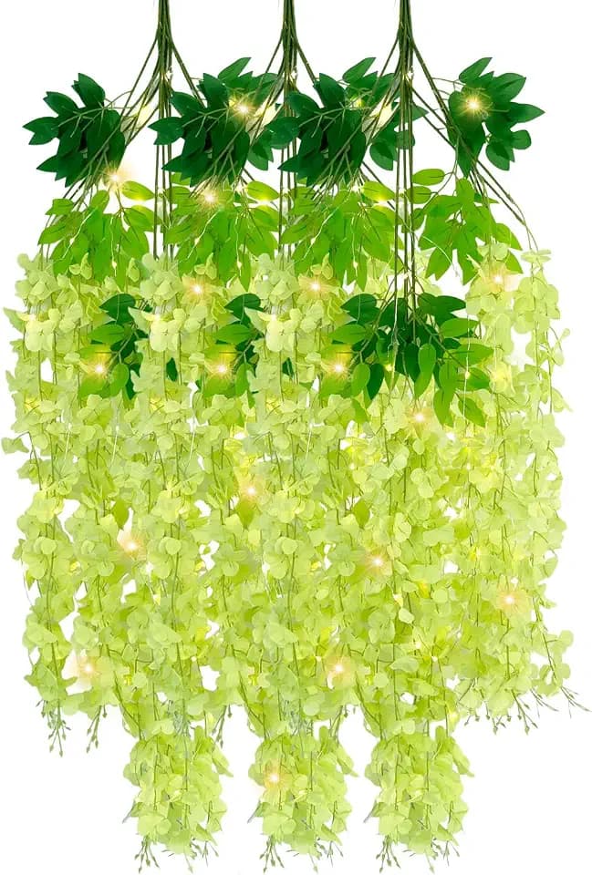 12 Pack Green Wisteria Hanging Flowers Garland with Lights, 3.44 Feet Artificial Flower Vines, Fake Wisteria, Artificial Vines Hanging Garland for Backdrop Outdoor Patio Garden Decor