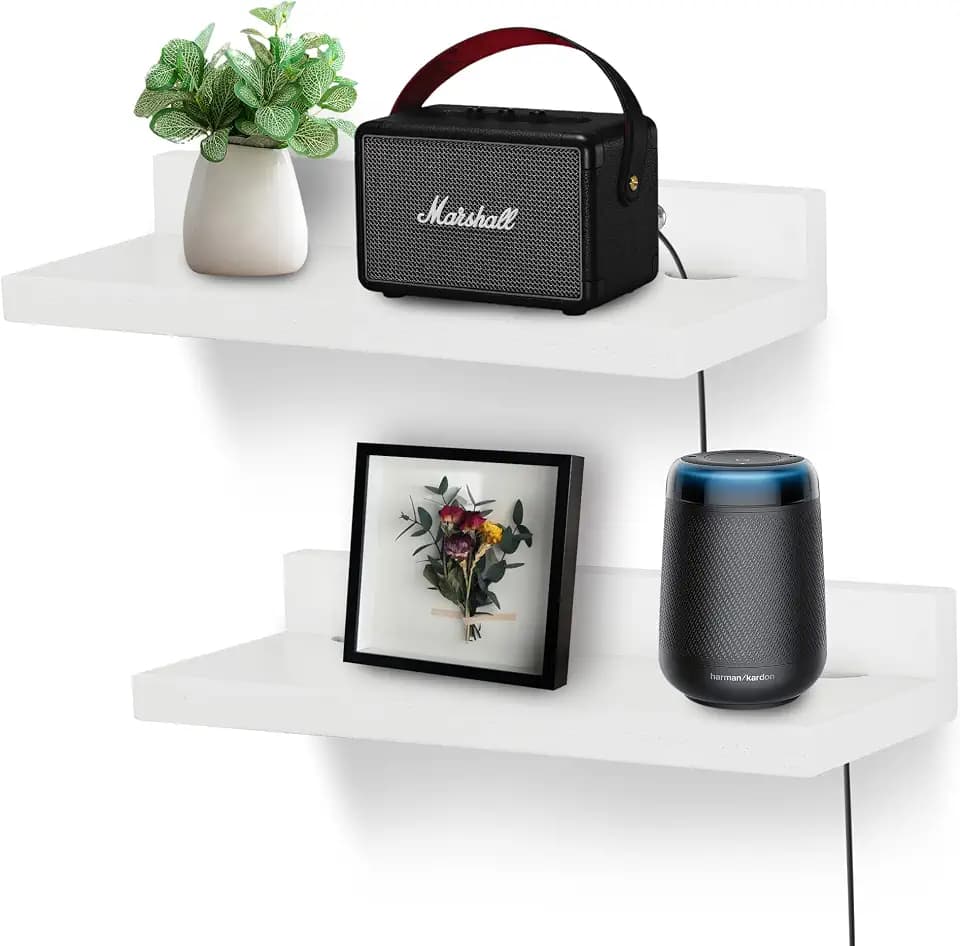Small Floating Shelf for Wall,9 Inch Wall Mounted Shelf with Cord Hole,Small Display Shelves for Cameras, Webcam, Router,Smart Speaker,Action Figures-2 Pcs(White)
