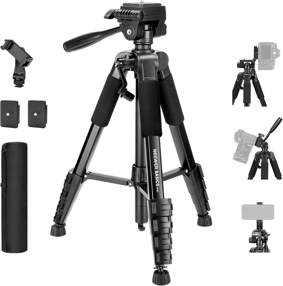NEEWER Basics TP56 Kamerastativ, 74" Stativ mit Cell Handyhalterung | Kompatibel mit iPhone für Videoaufnahme, Professional Aluminium Leicht Tragbar Reise Ständer, 3 Wege Neigekopf
