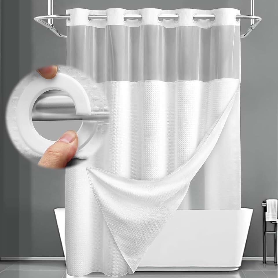 No Hook Shower Curtain with Liner Set Hotel Waffle Curtain White 48W X 75L