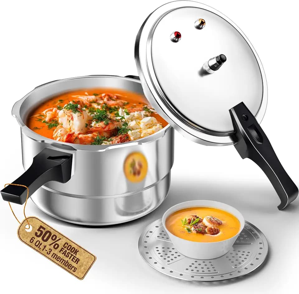 WantJoin 6 Qt Aluminum Pressure Cooker - Gas & Induction Stovetop Compatible Pressure Pot with Release Valve, Multiple Safety Features and Removable Steaming Rack
