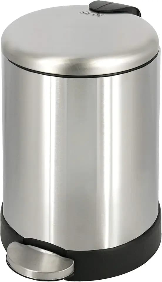 Glad Small Trash Can, 1.2 Gallon | Round Stainless Steel Garbage Bin with Soft Close Lid & Step Foot Pedal | Metal Waste Basket with Removable Inner Bucket, Stainless, 8 x 9.5 x 12 inches