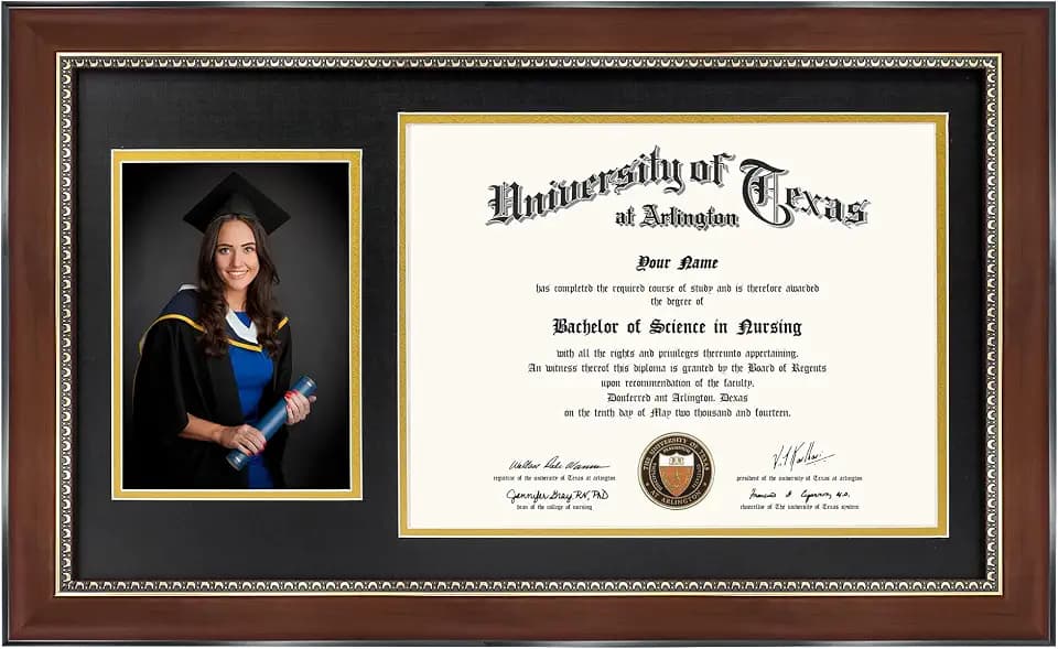 GMFrames 8.5x11 Certificate & 5x7 Photo Frame, Mahogany with Gold Beads & Black over Gold Double Mat, UV Protection Acrylic, Perfect Wall Display for Office or Home, Great Graduation Gift