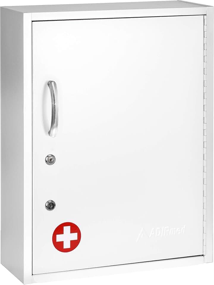 AdirMed White Locking Medication Cabinet with Document Pocket, Metal Wall Mounted Medication Cabinet with Dual Lock and Dual Keys, 21" H x 16" W x 6" D