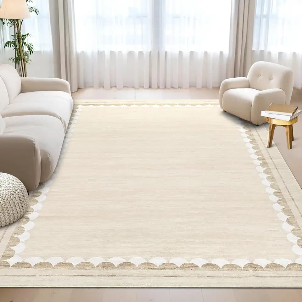 Washable Area Rugs 9x12 Living Room Rug Scalloped Border Rug for Bedroom Large Rugs for Kids Room Modern Stain Resistant Indoor Carpet Low Pile Soft Floor Cover for Apartment Playroom,Beige