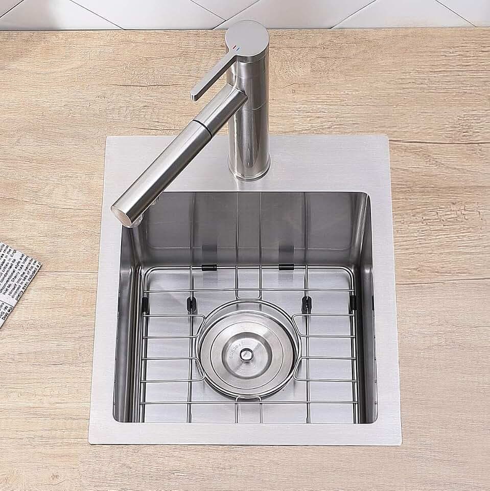 VCCUCINE Bar Sink Drop in,13x15 Inch Topmount RV Small Kitchen Sink,Handmade Stainless Steel Wet Bar Sink,Outdoor Single Bowl,Brushed Nickel Prep Sink with Accessories