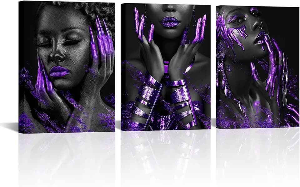 Conipit Black Purple Canvas Wall Art Fashion Women Pictures Black Queen Portrait Art African American Artwork For Walls 16" L X 12" W X 3pcs