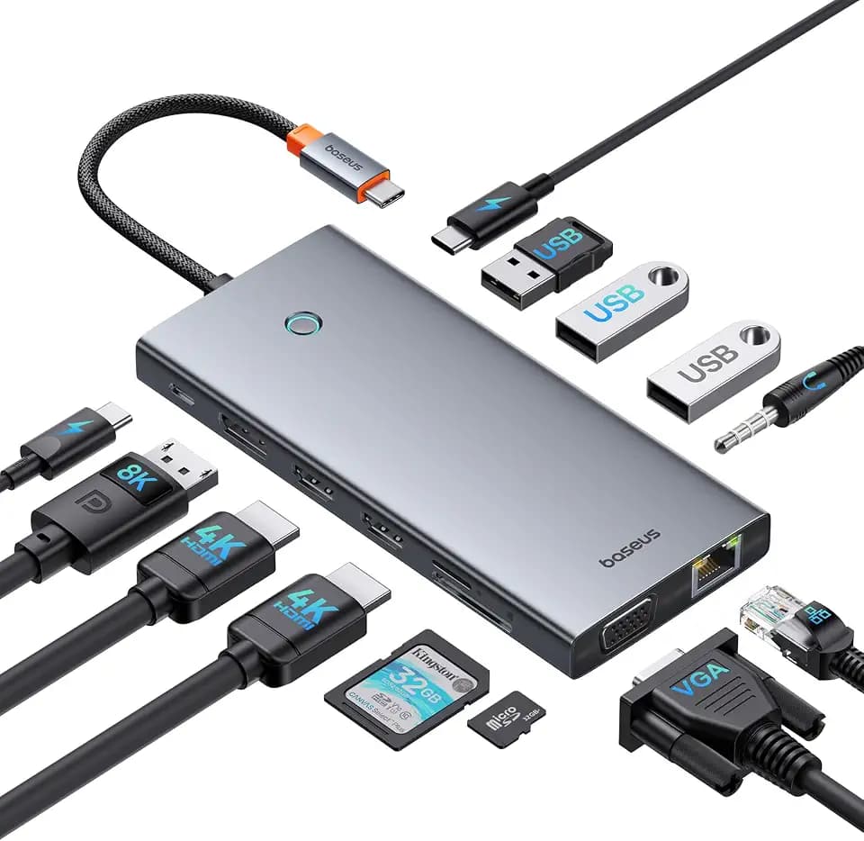 Baseus USB C Docking Station 3 Monitore, 13-in-1 USB C Hub mit 2 HDMI 4K@60Hz, DisplayPort 4K@120Hz, VGA, USB 3.1 10 Gbps Datenübertragung, PD 100W und Ethernet für Dell/HP/Lenovo/Surface Laptop