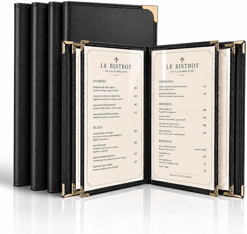 4 Pack Restaurant Menu Covers 8.5 x 11 – 2 Pack Menu Holder, 4 Page 8 View Faux Leather Menu Book with Clear PVC Sleeves | Waterproof & Durable for Restaurant, Bar, Café, Hotel