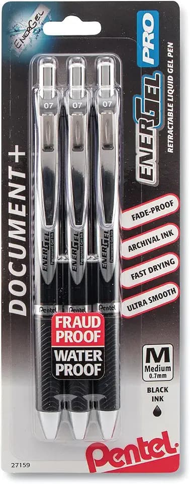 Pentel EnerGel Permanent Gel Ink Rollerball Pen, Black, 3 Pack (BLP77BP3A)