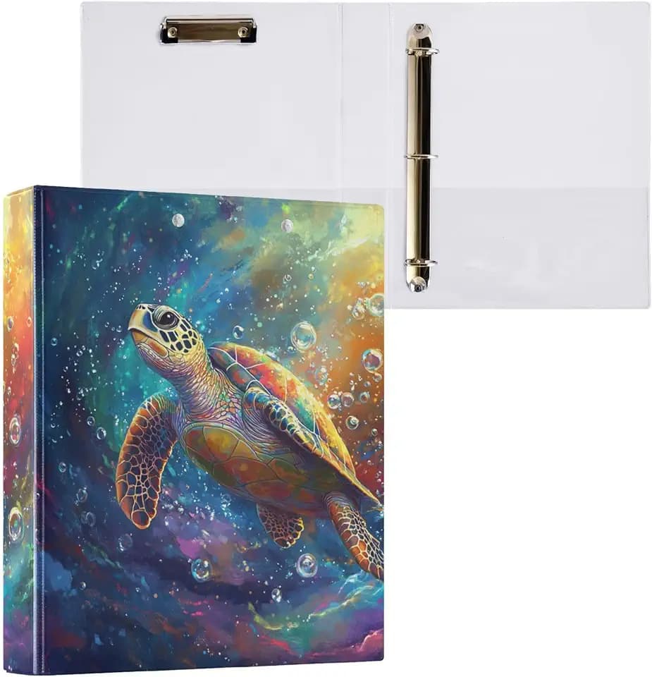 Caikeny 3 Ring Binder Colorful Sea Turtle Watercolor 1.5 Inch Binders Round Ring Clipboard with 2 Pockets for Office Supplies