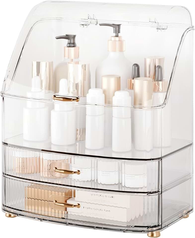 Makeup Organizer Countertop Vanity with Transparent Lid Drawers Waterproof Dustproof Cosmetic Skincare Bathroom Storage Gift for Women Teens Girls (Clear Whtie)