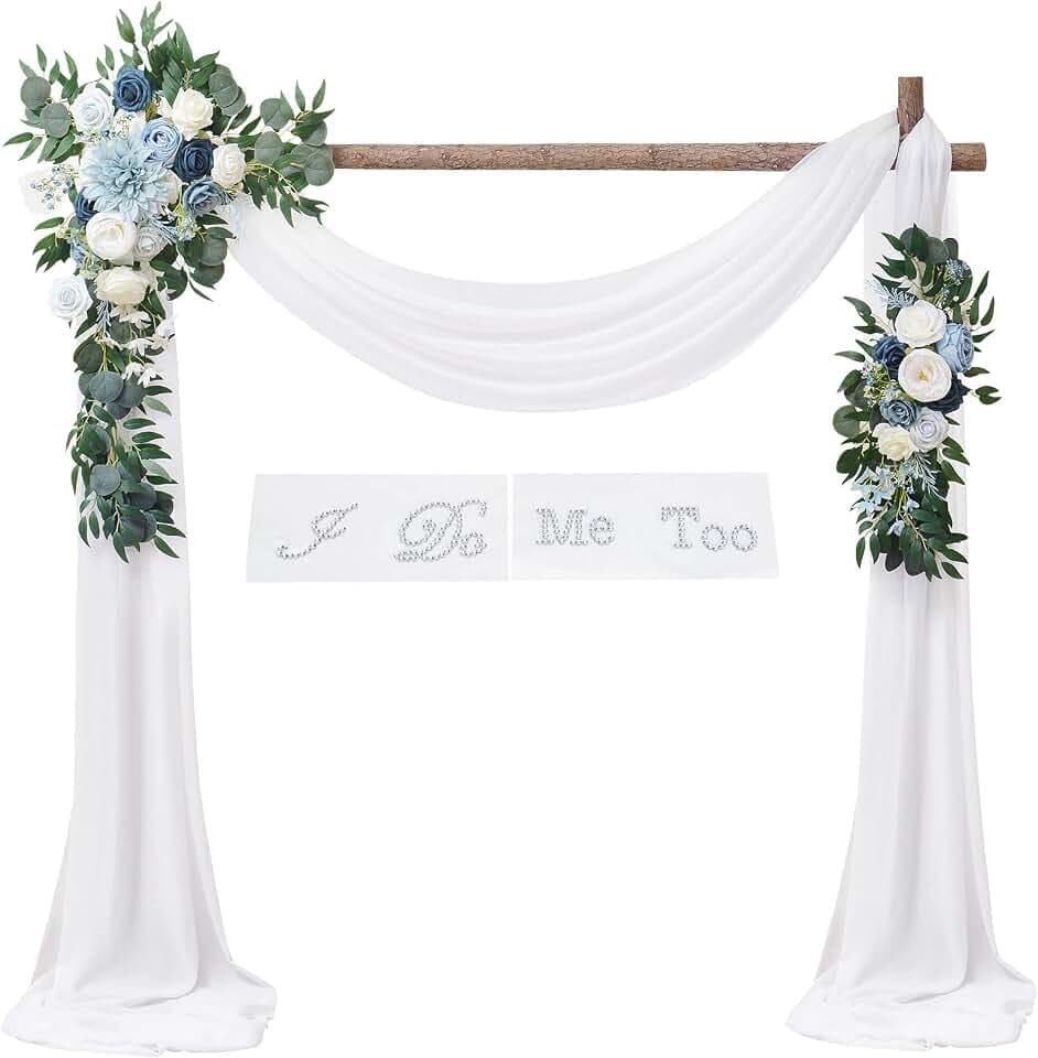 SOJOCK Artificial Wedding Arch Flowers Kit,2 PCS Sky Blue Theme Floral Arrangement, 1 PCS White Fabric Drap, for Wedding Ceremony Bouquets and Reception Backdrop Decoration