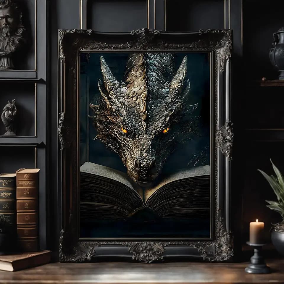 Mastraxin Dragon Book Wall Art Vintage Black Dragon Poster Vintage Reading Picture Wall Decor Fantasy Library Wall Art Dark Academia Animal Painting Animals Reading Books Prints 16x24in Unframed