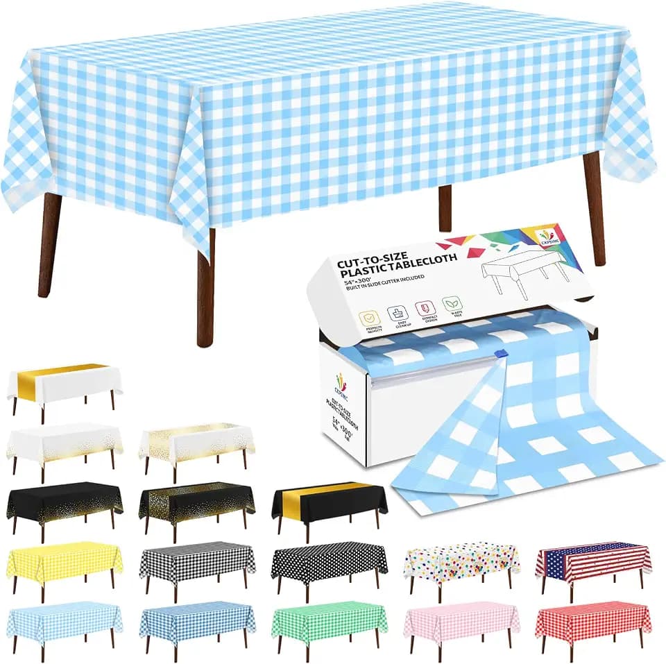 CXPSINC 54 Inch X 300 Feet Plastic Table Cover Roll Disposable Tablecloth with Slide Cutter for All Type/Shape Tables | Party, Banquet, Birthdays, Weddings(Light Blue Checkered, 300 Feet)