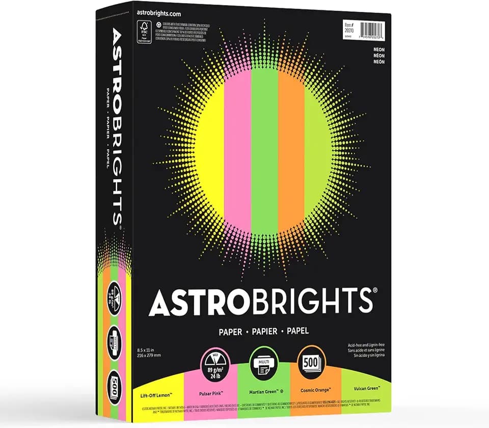 Neenah Astrobrights Colored Paper, 8.5" x 11", 24 lb/89 gsm, "Neon" 5-Color Assortment, 500 Sheets (20270)