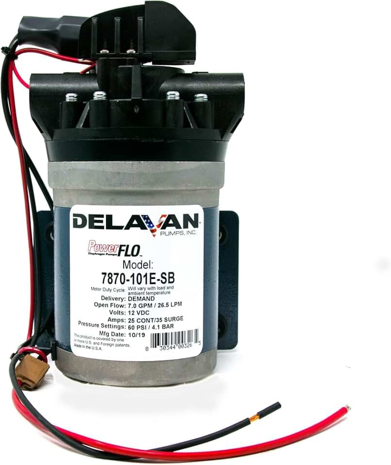 Delavan Pumps, 12v DEMAND STYLE DIAPHRAGM SPRAYER PUMP 7GPM, Volts 12 Pump Type Diaphragm, Max. Flow Rate 7 GPM, Model# 7870-101E-SB