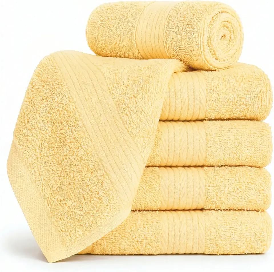 Ample Decor 100% Cotton Washcloths 12x12 Inches, 600 GSM, Soft & Absorbent, Durable, Set of 5, Yellow