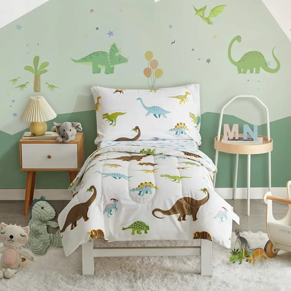 4 Pieces Toddler Bedding Set Dinosaur with Colorful Dinos and Monsters Toddler Comforter Sheet Set for Autumu and Winter Includes Comforter, Flat Sheet, Fitted Sheet and Pillowcase White