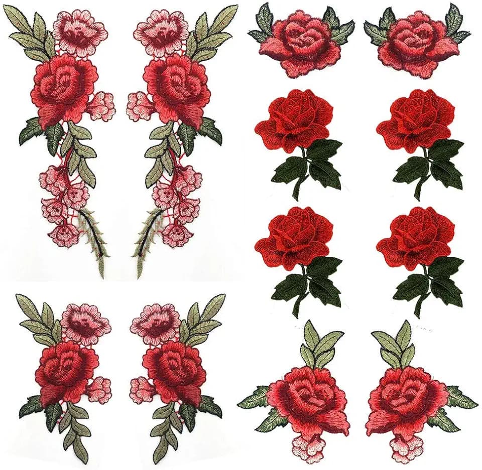 Banfeng 12 Pieces Red Rose Embroidered Flower Applique Patches Sew On Arts Crafts DIY Decor, Jeans, Jackets, Clothing, Bags