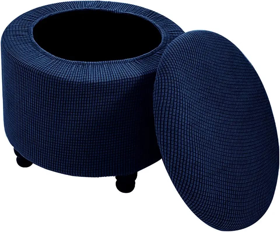Round Ottoman Cover with Storage 2-Piece Stretch Stool Slipcover Soft Footstool Protector Covers Removable Washable Storage Stool with Cover Lid Folding Stool Covers for Home Decor (Navy Blue)