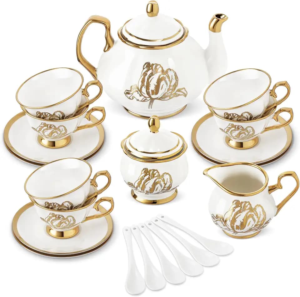 fanquare 21 Pieces British Porcelain Tea Set, Gold Tulip Tea Service for Afternoon Tea Party, 6 Teacup and Saucers for Coffee Home Wedding Birthday