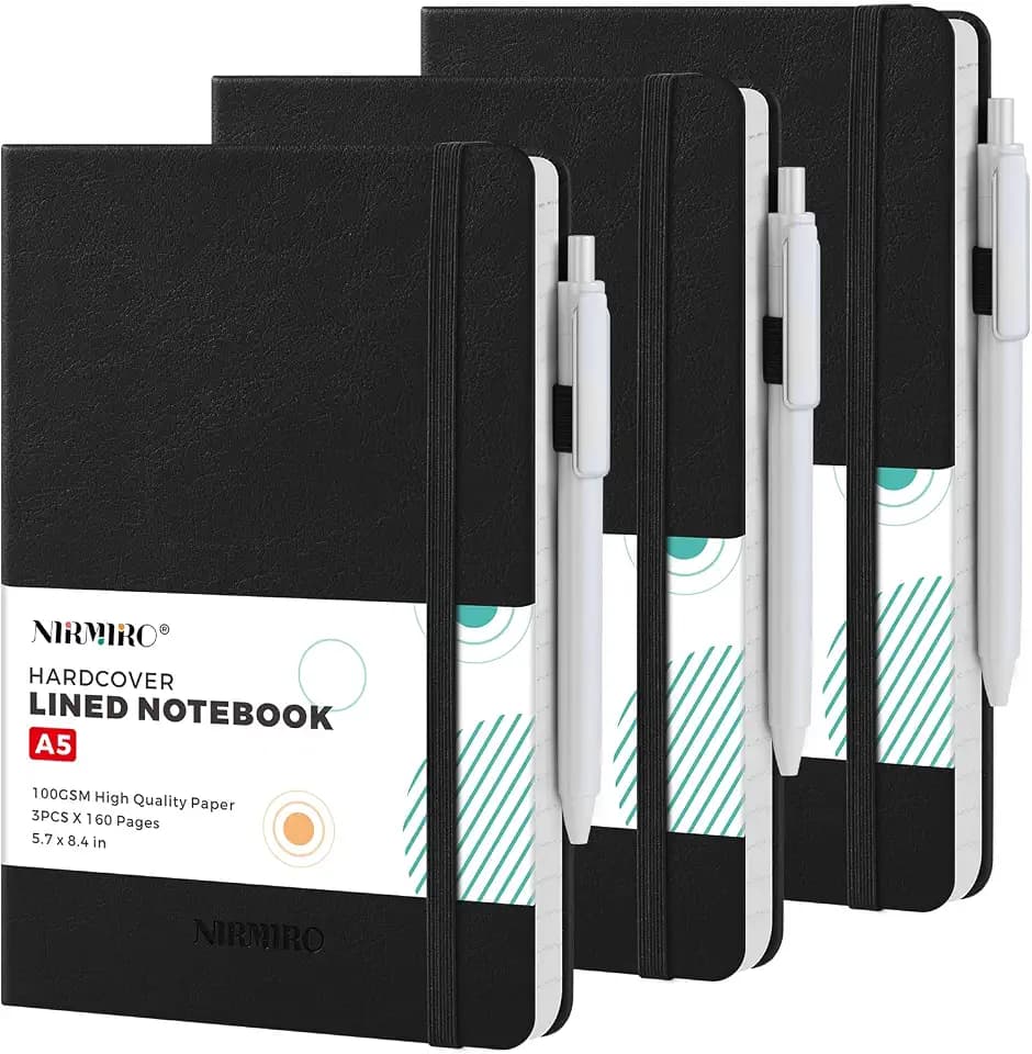 Lined Journal Notebook with Pen, A5 (5.7"x8.4"), Hardcover, Black, 3 Pack
